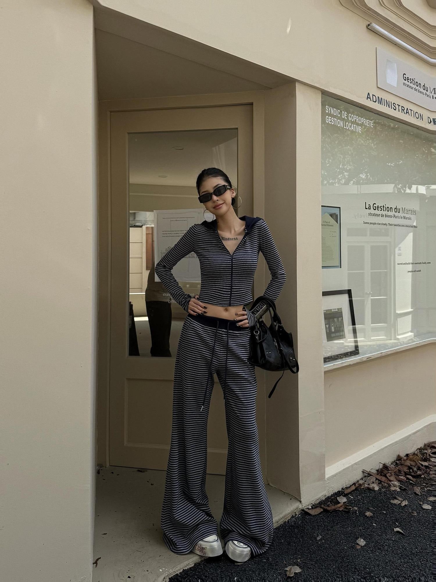ZERO Soft Cotton Striped Crop Long Sleeve Casual Women Lounge Top & Pants Sets