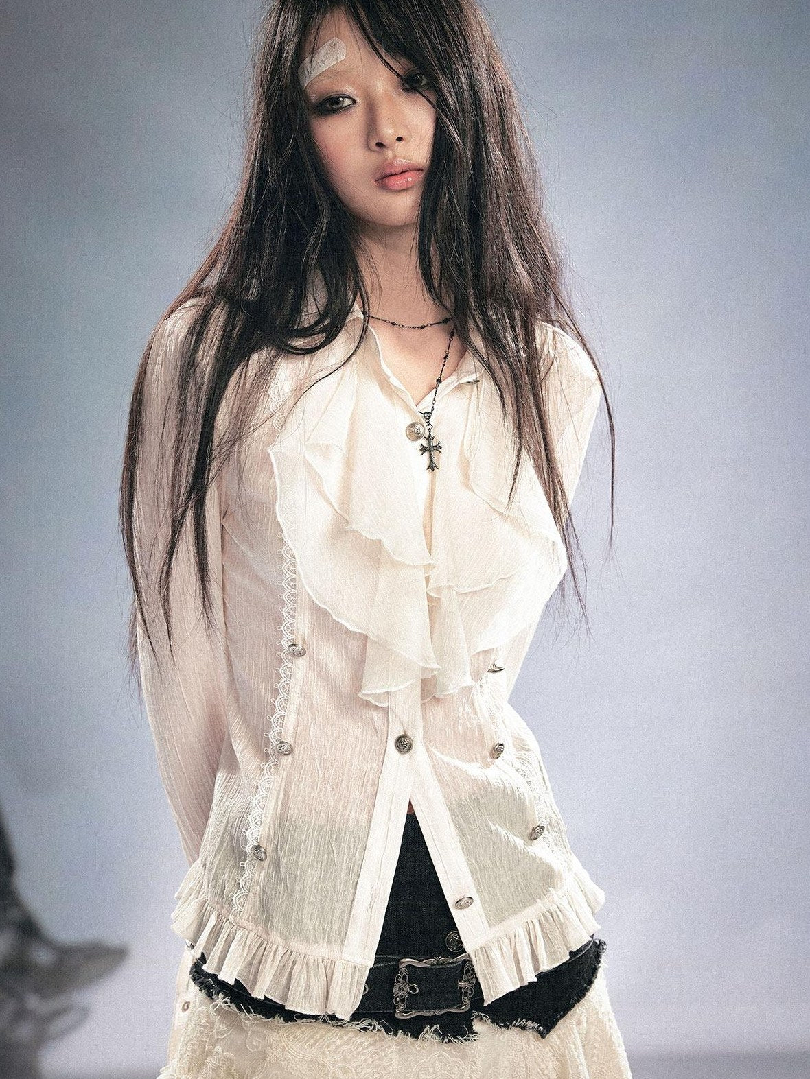 Cest Nous Gothic Ruffle Slim Fit Modal Long Sleeve Women Black Beige Blouses