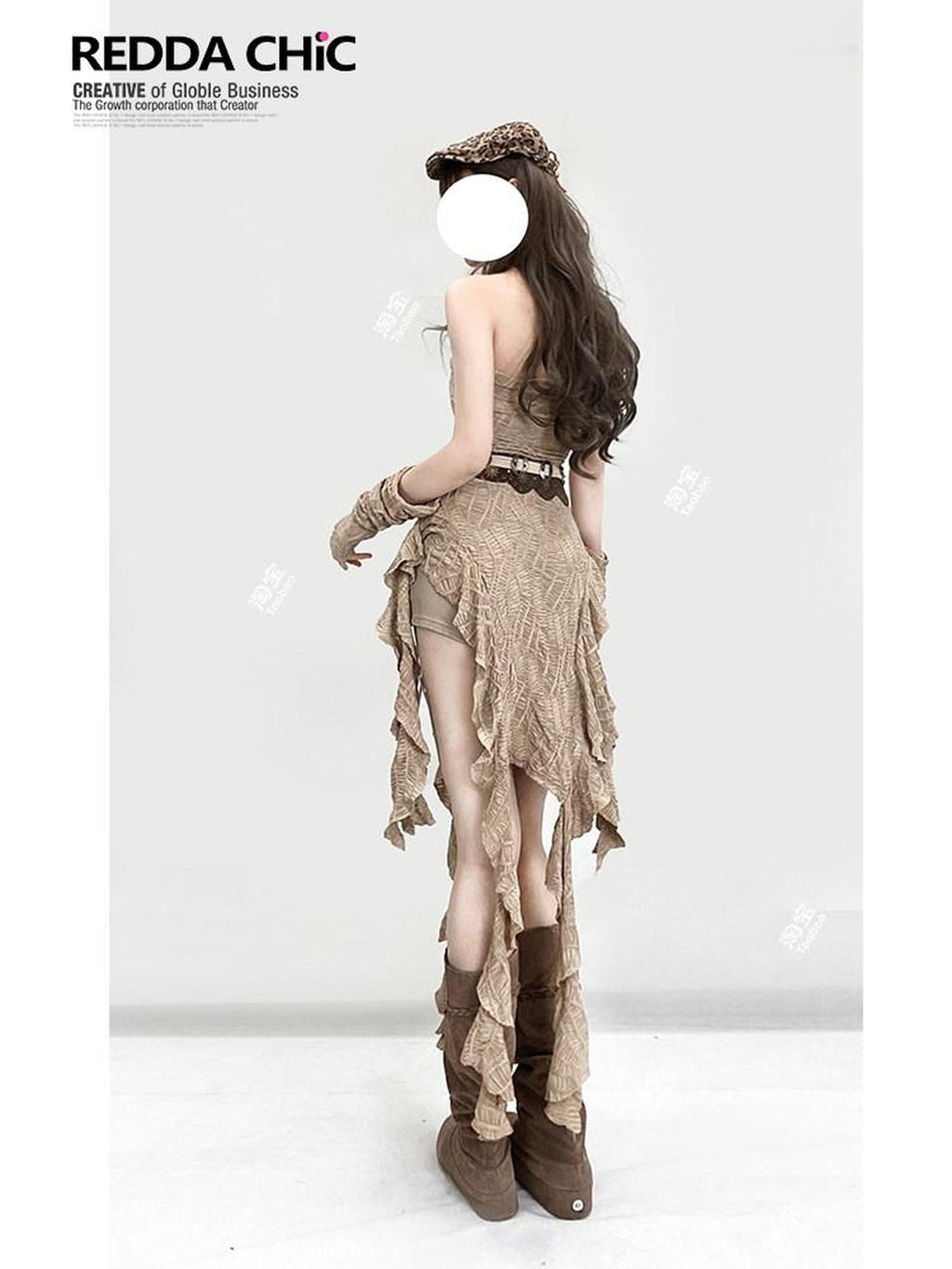 REDDACHIC Khaki Wasteland Fitted Ruffle Tassel Asymmetrical Women'S Strapless Maxi Dresses