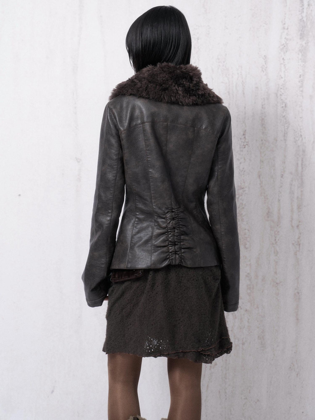 OPEN AESTHETIC Warm Fur Collar Slim Fit Retro Pleated Pu Brown Notch Collar Leather Jackets