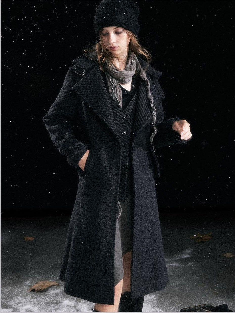Cest Nous Warm Thick Midlength Lapel Loose Fit Commuter Women Black Gray Longcoats
