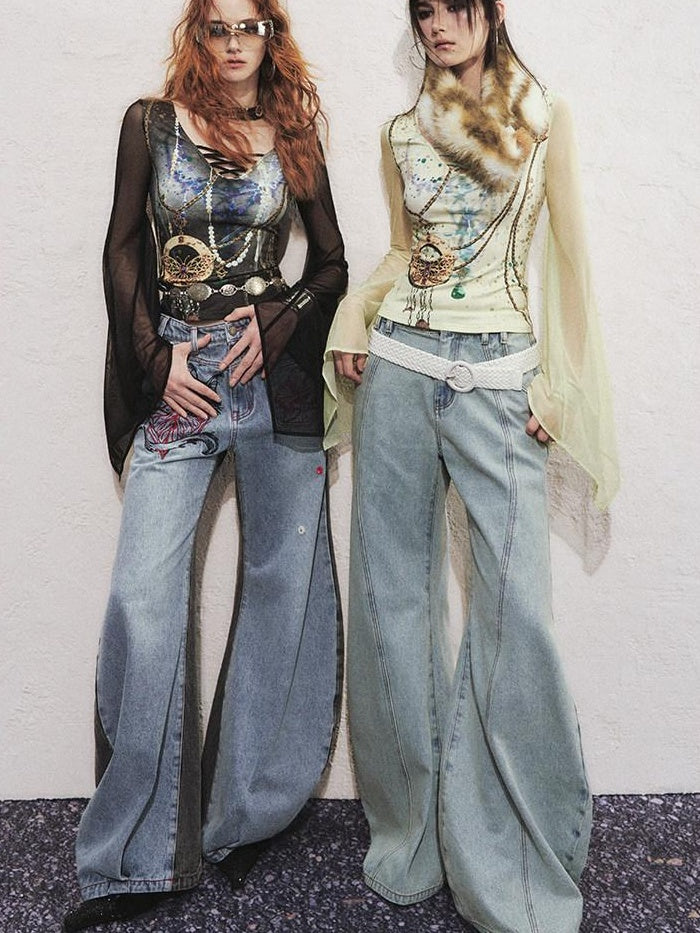 OfAkiva High Waist Vintage Embroidered Asymmetric Floral Cotton Women Wide Leg Jeans