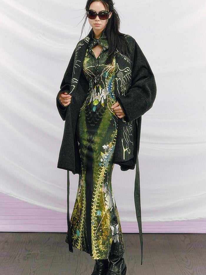 OfAkiva Minimalist Printed High Waist Fitted Long Sleeve High Neck Women Maxi Dresses