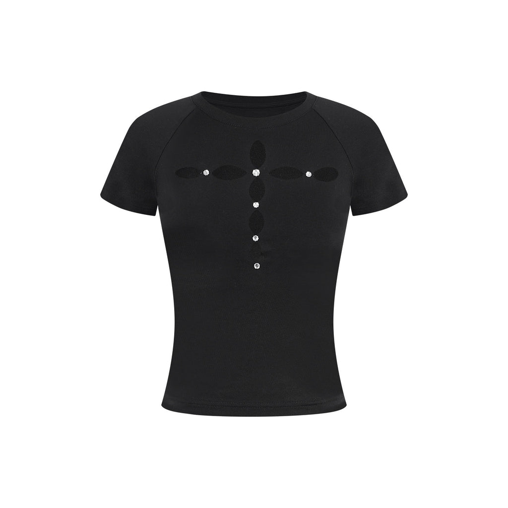 ZERO_Rhinestone_Slim_Casual_Short_Sleeve_Roundneck_Black_Grey_Crop_Tee_Basic_Crop_Tops_MISSTT