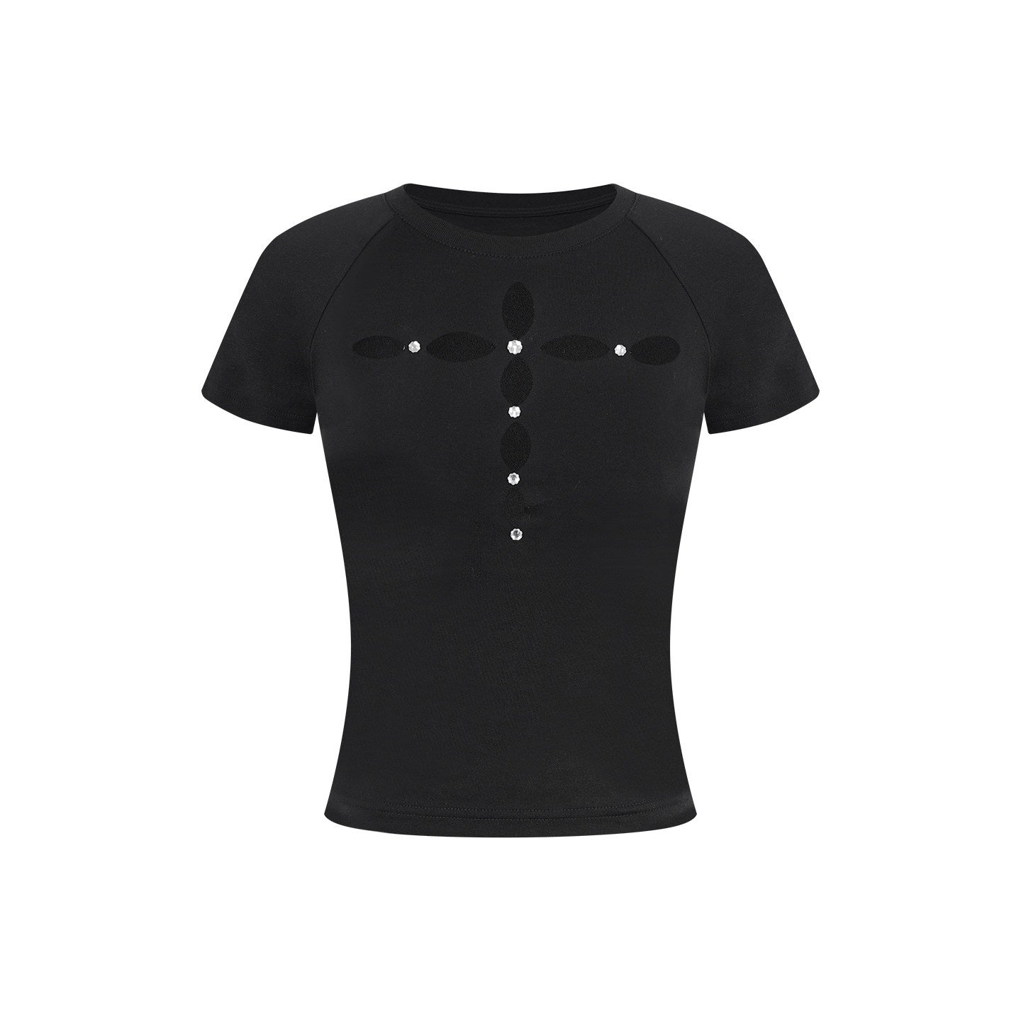 ZERO_Rhinestone_Slim_Casual_Short_Sleeve_Roundneck_Black_Grey_Crop_Tee_Basic_Crop_Tops_MISSTT