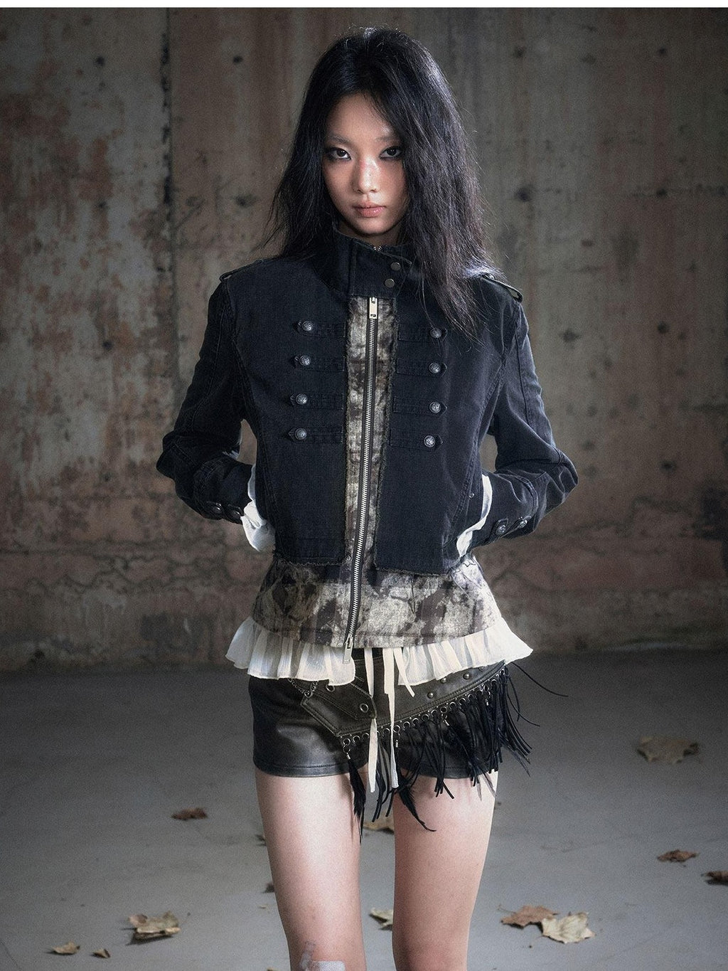 Cest Nous Frayed Punk Stand Collar Camo Cotton Button Long Sleeve Women Croppedjackets