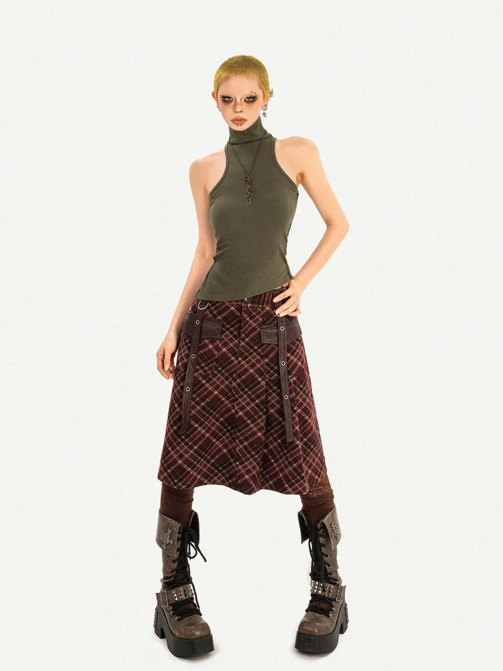 Nico Molly Casual Distressed Plaid A Line Button Pocket Midwaist Tweed Women Midi Skirts