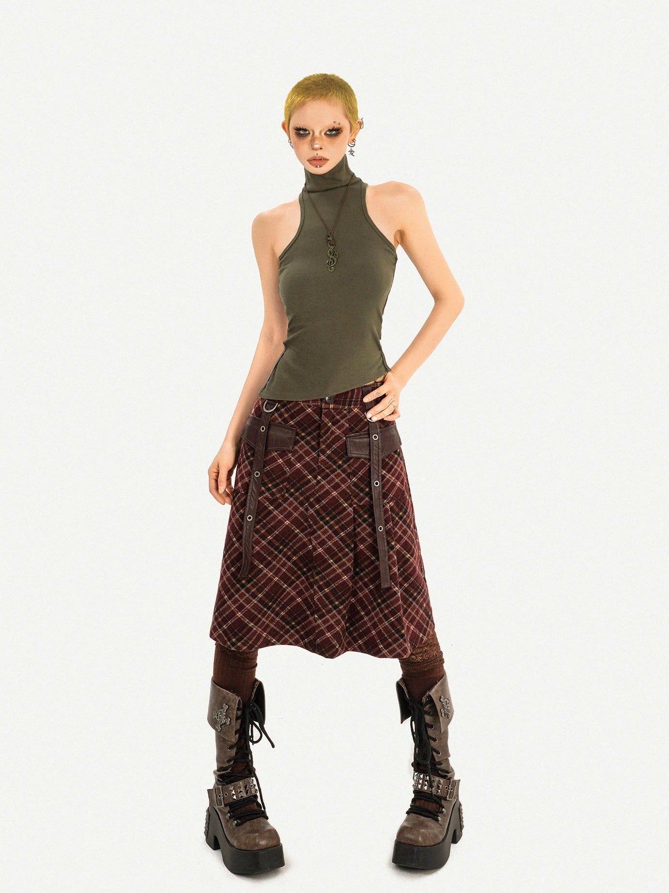 Nico Molly Casual Distressed Plaid A Line Button Pocket Midwaist Tweed Women Midi Skirts