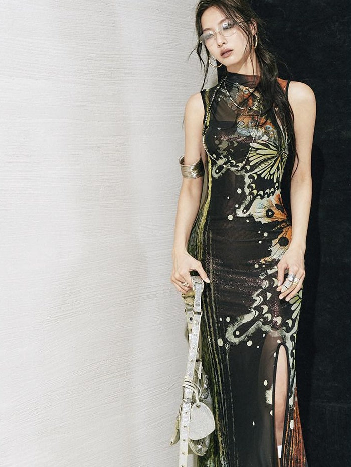 OfAkiva High Waist Sleeveless Printed A Line Hanfu Inspired Women Maxi Dresses