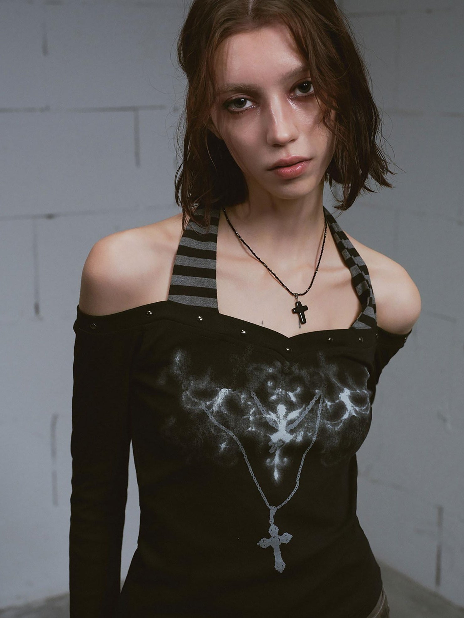 Cest Nous Printed Slim Street Punk Long Sleeve Straight Neck Women Haltercroptops