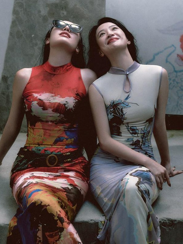 OfAkiva Floral High Waist Modern Qipao A Line Sleeveless Travel Maxi Dresses