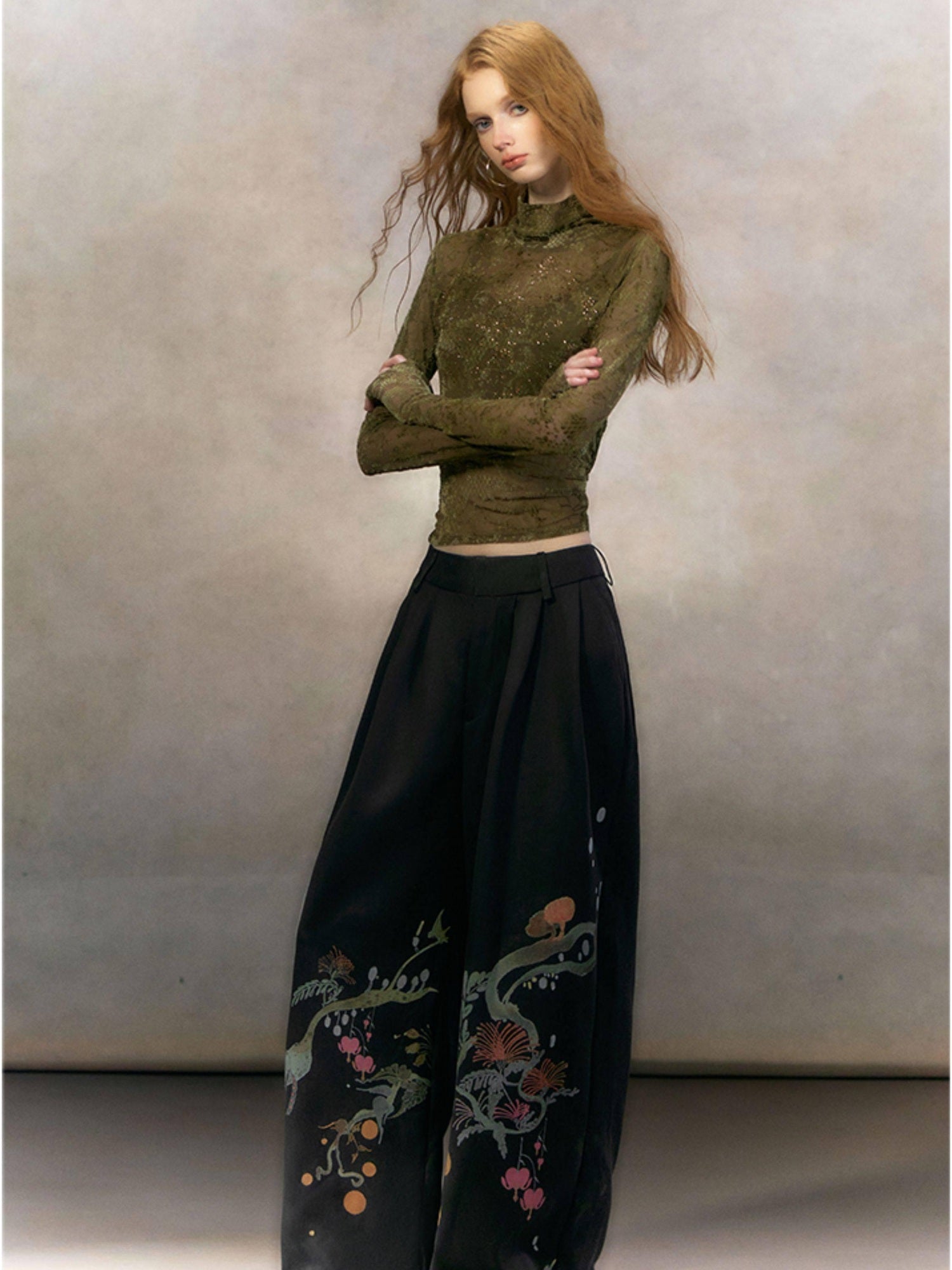 OfAkiva High Waist Floral Print Casual Straight Zipper Fly Women Black Wide Leg Pants