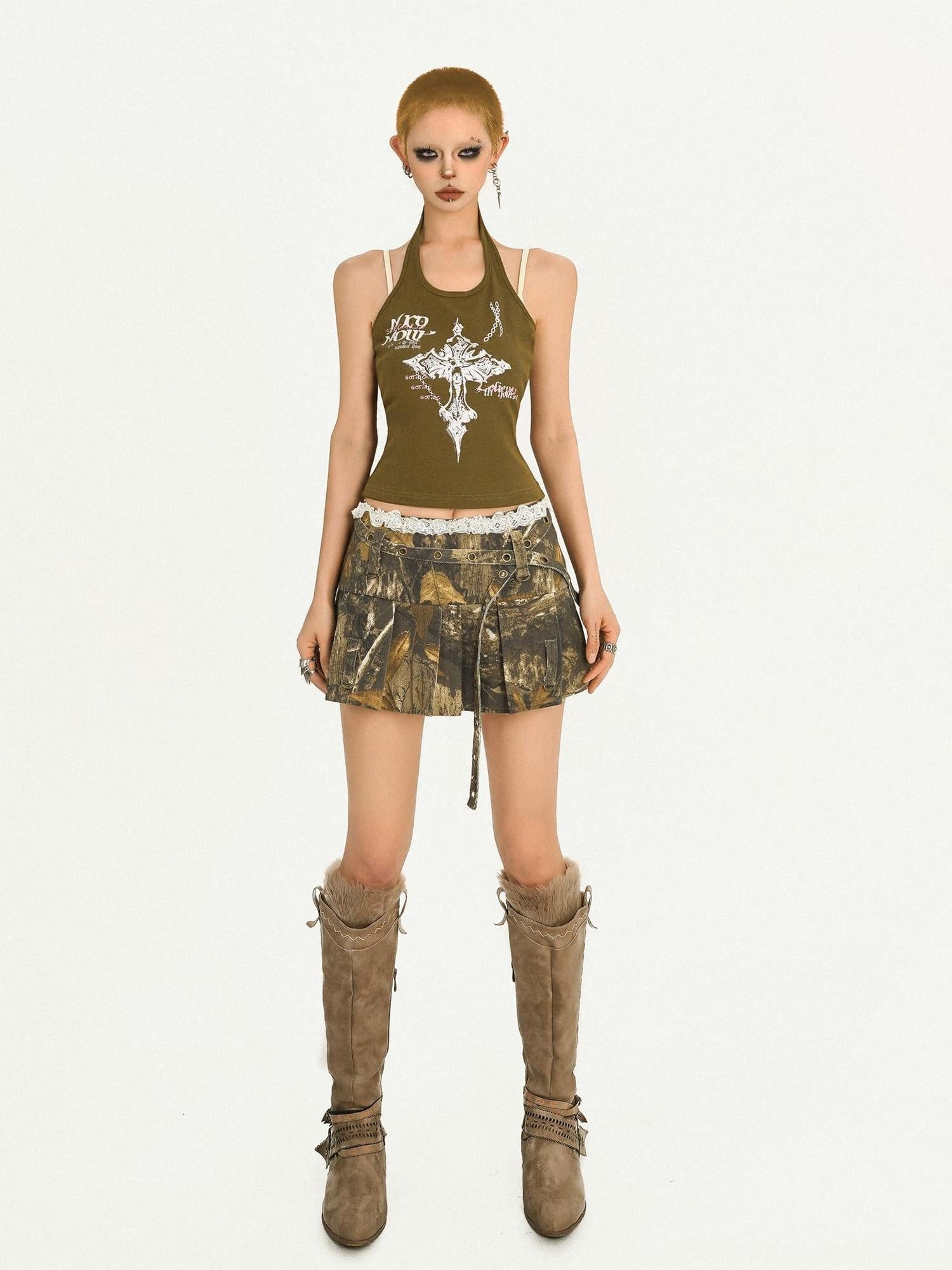 Nico Molly Original Halter Slim Fit Padded Women Y2K Olive Letter Print Camisoles