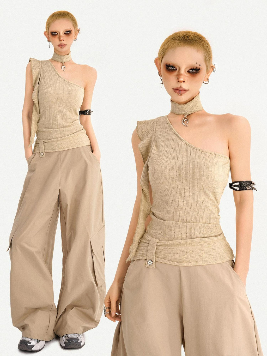 Nico Molly Khaki Padded Slim Street Style Casual Travel Youth Off Shoulder Crop Tops