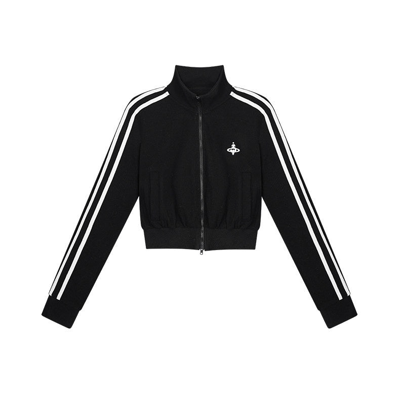 ZERO_Slim_Fit_Stand_Collar_Zip_Short_Casual_Printed_Black_Women_Polyester_Sweatshirt_MISSTT