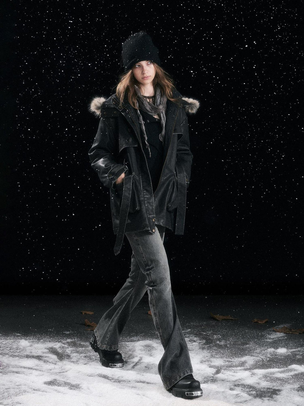 Cest Nous Insulated Commuter Hooded Straight Women Washed Black Leatherjackets