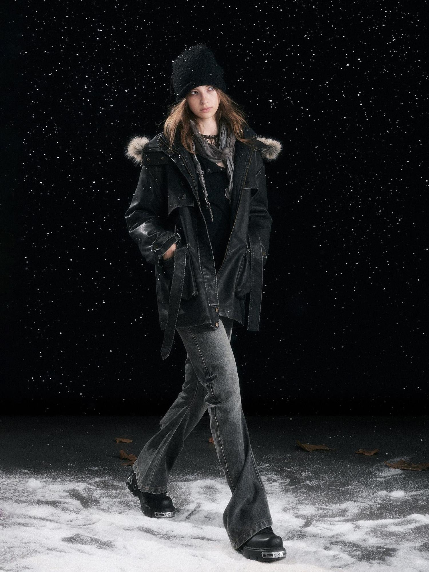 Cest Nous Insulated Commuter Hooded Straight Women Washed Black Leatherjackets
