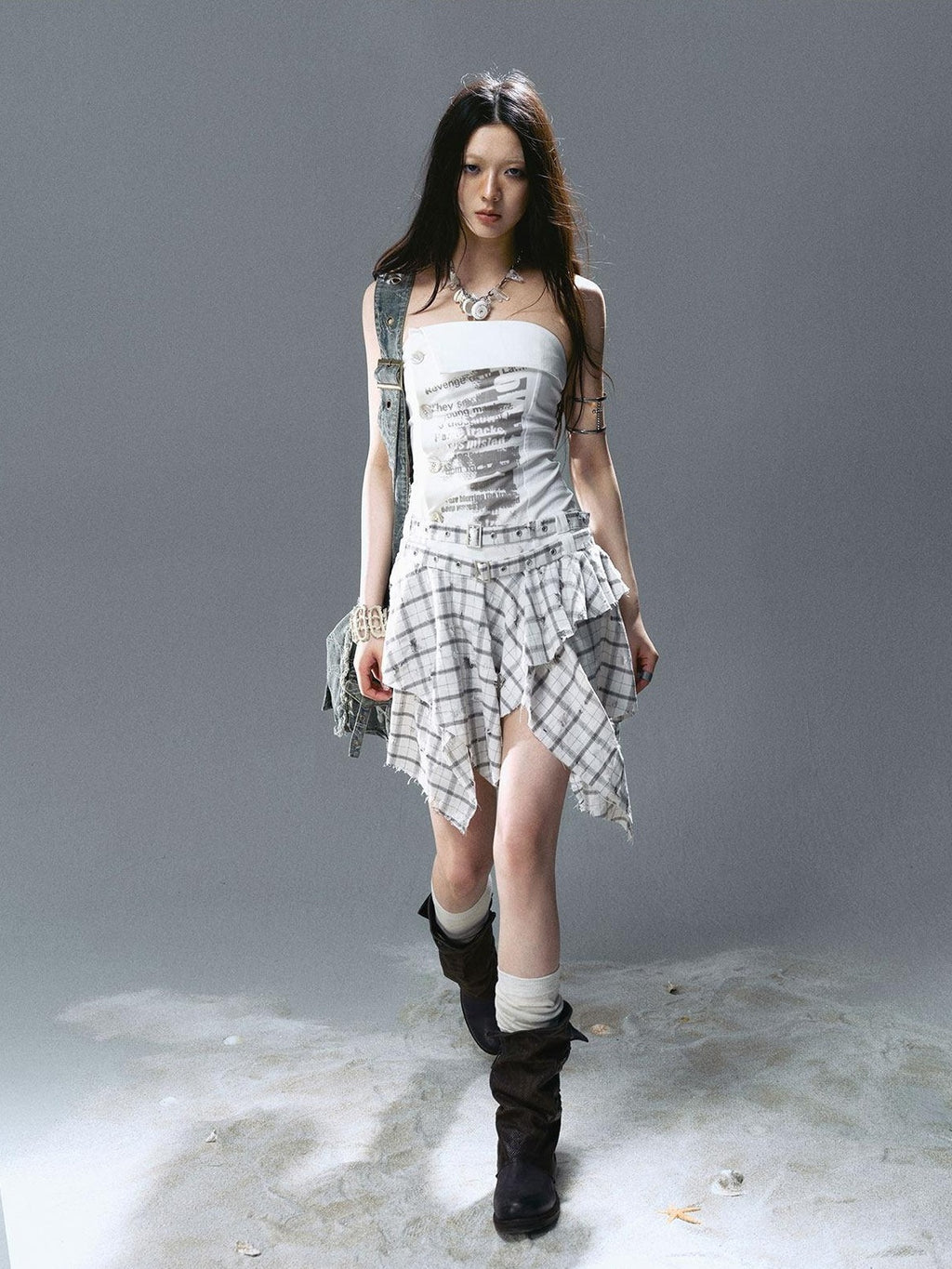 Cest Nous Strapless Asymmetric Print Cinched Waist A Line Cotton Street Style Minidresses