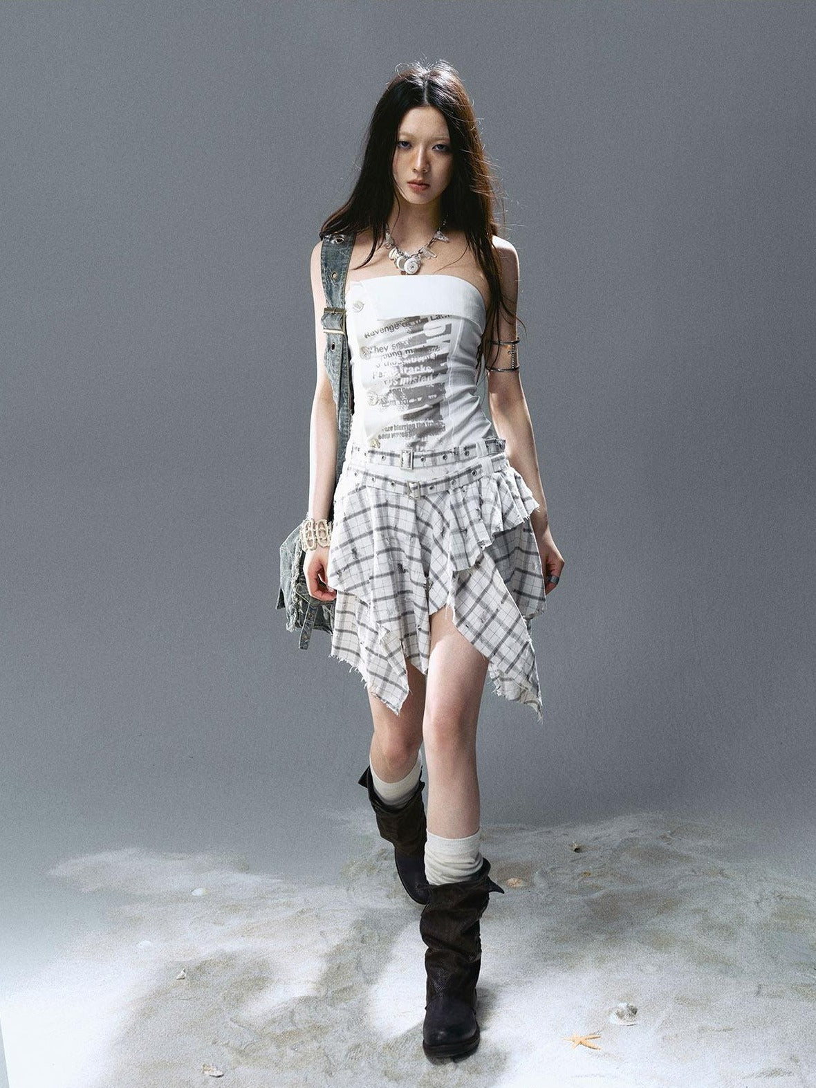 Cest Nous Strapless Asymmetric Print Cinched Waist A Line Cotton Street Style Minidresses