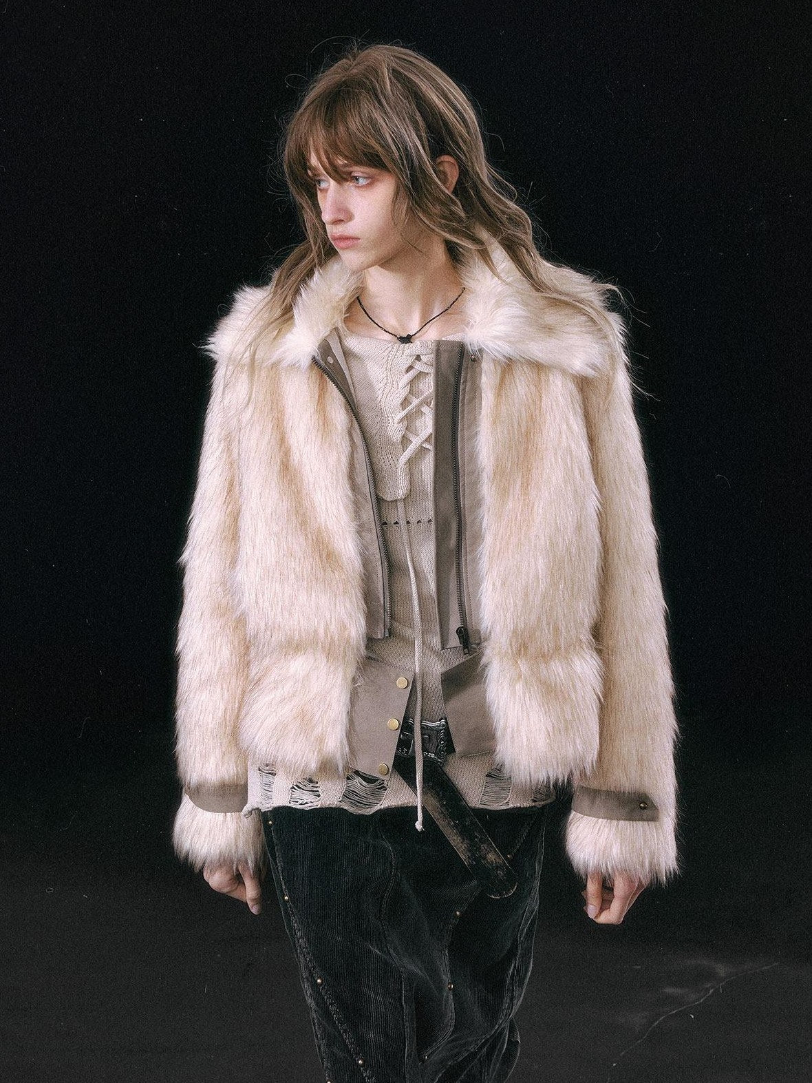 Cest Nous Thick Fur Collar Punk Street Short Fit Young Adults Silver Gray Beige Jackets