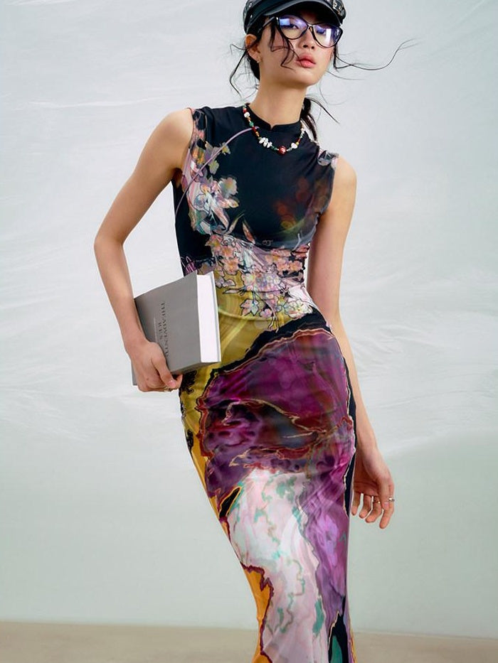 OfAkiva High Waist Floral New Chinese Style A Line Qipao Womens Tricolor Maxi Dresses