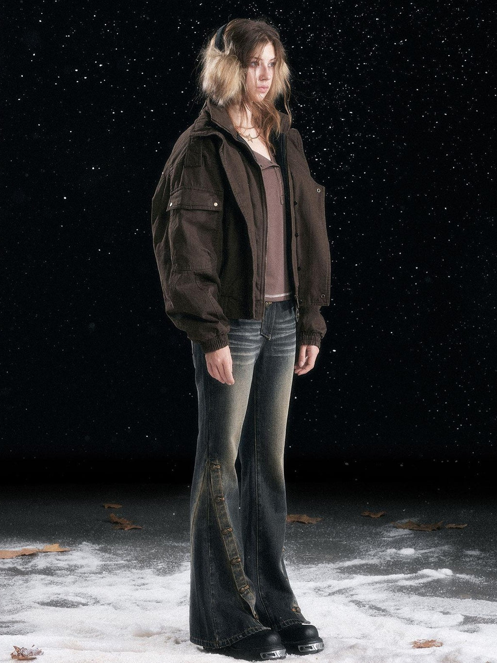 Cest Nous Warm Thick Hooded Zip Commuter Flight Women Brown Croppedjackets