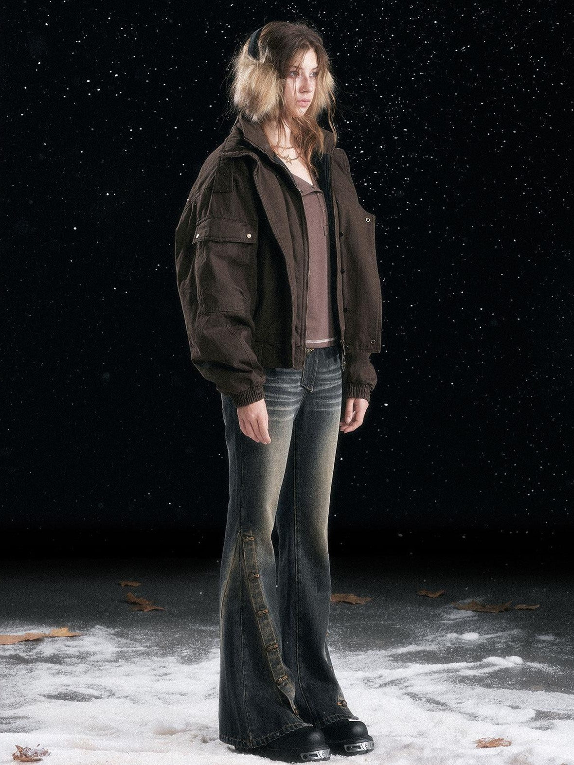 Cest Nous Warm Thick Hooded Zip Commuter Flight Women Brown Croppedjackets