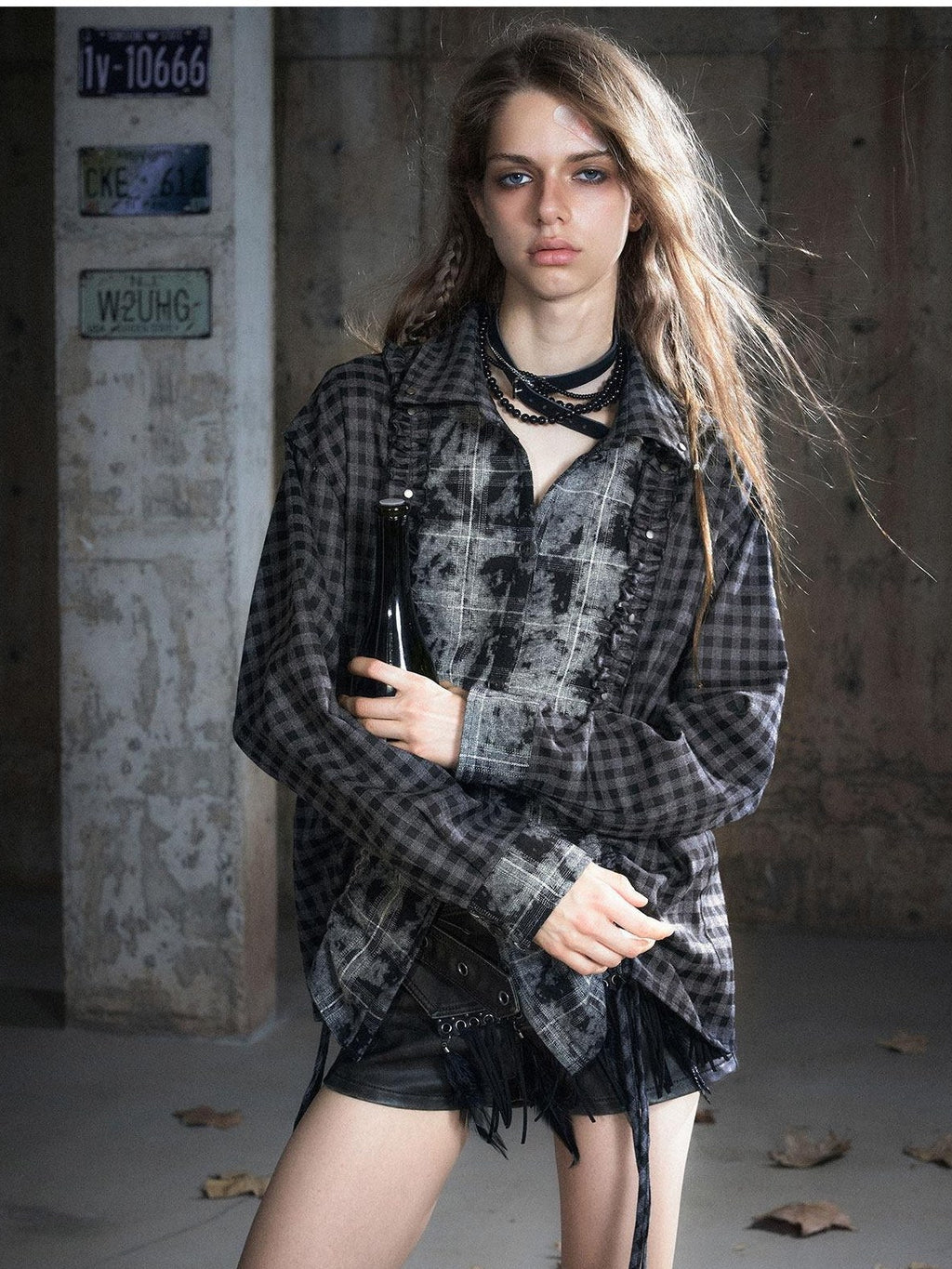 Cest Nous Punk Ruffle Check Straight Cardigan Long Sleeve Womens Casual Polyester Blouses