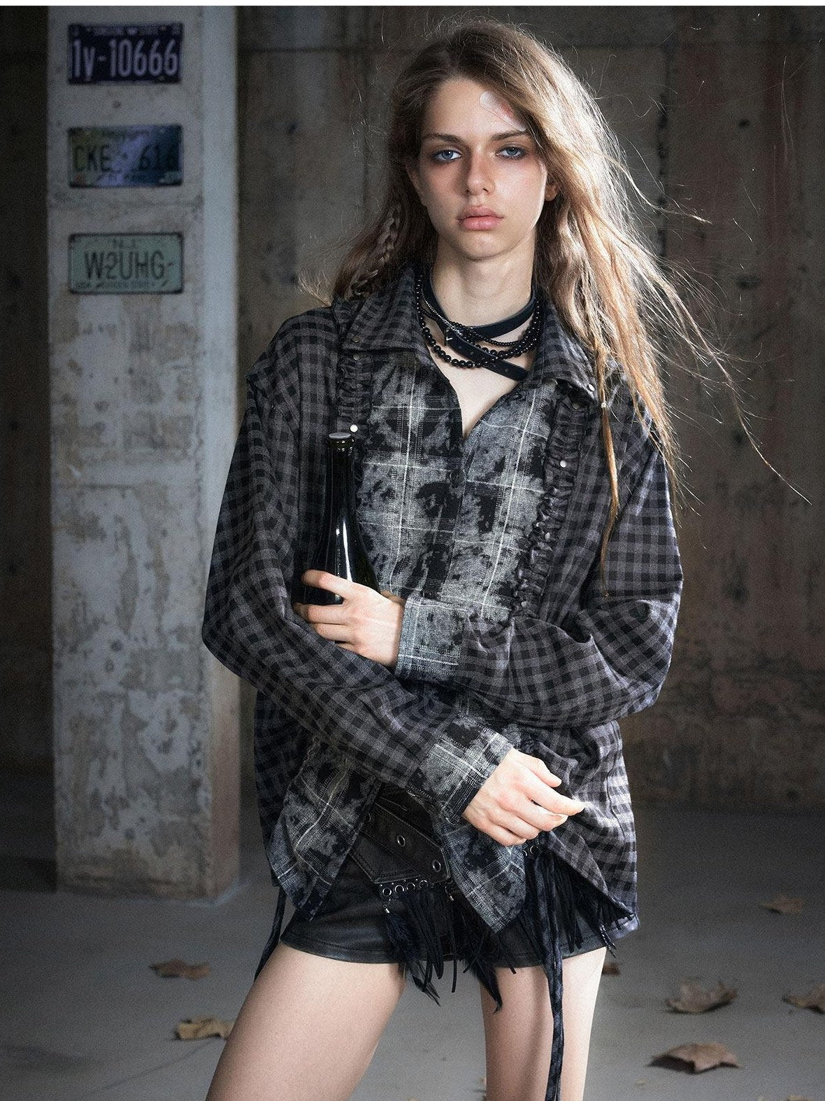 Cest Nous Punk Ruffle Check Straight Cardigan Long Sleeve Womens Casual Polyester Blouses
