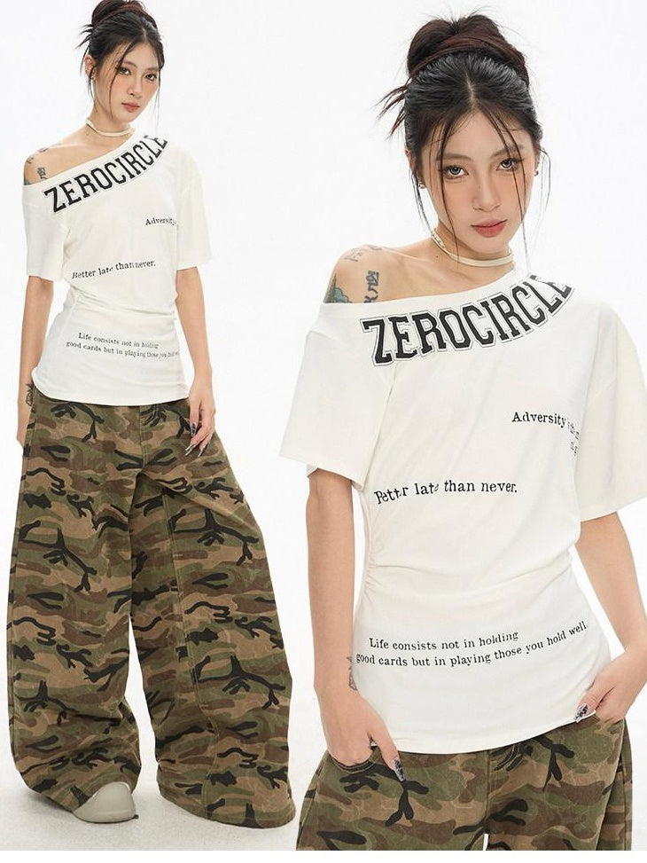 ZERO Viscose Printed Casual Loose Fit Asymmetric Neck Midlength Short Sleeve T-Shirts