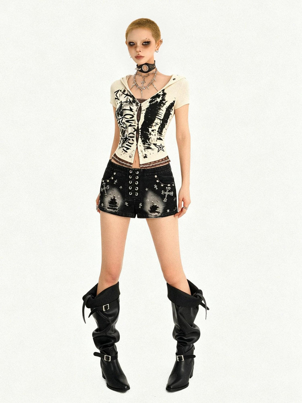 Nico Molly Cinched Waist Lace Skull Punk Faux Two Piece Cropped Women Off White Hoodie
