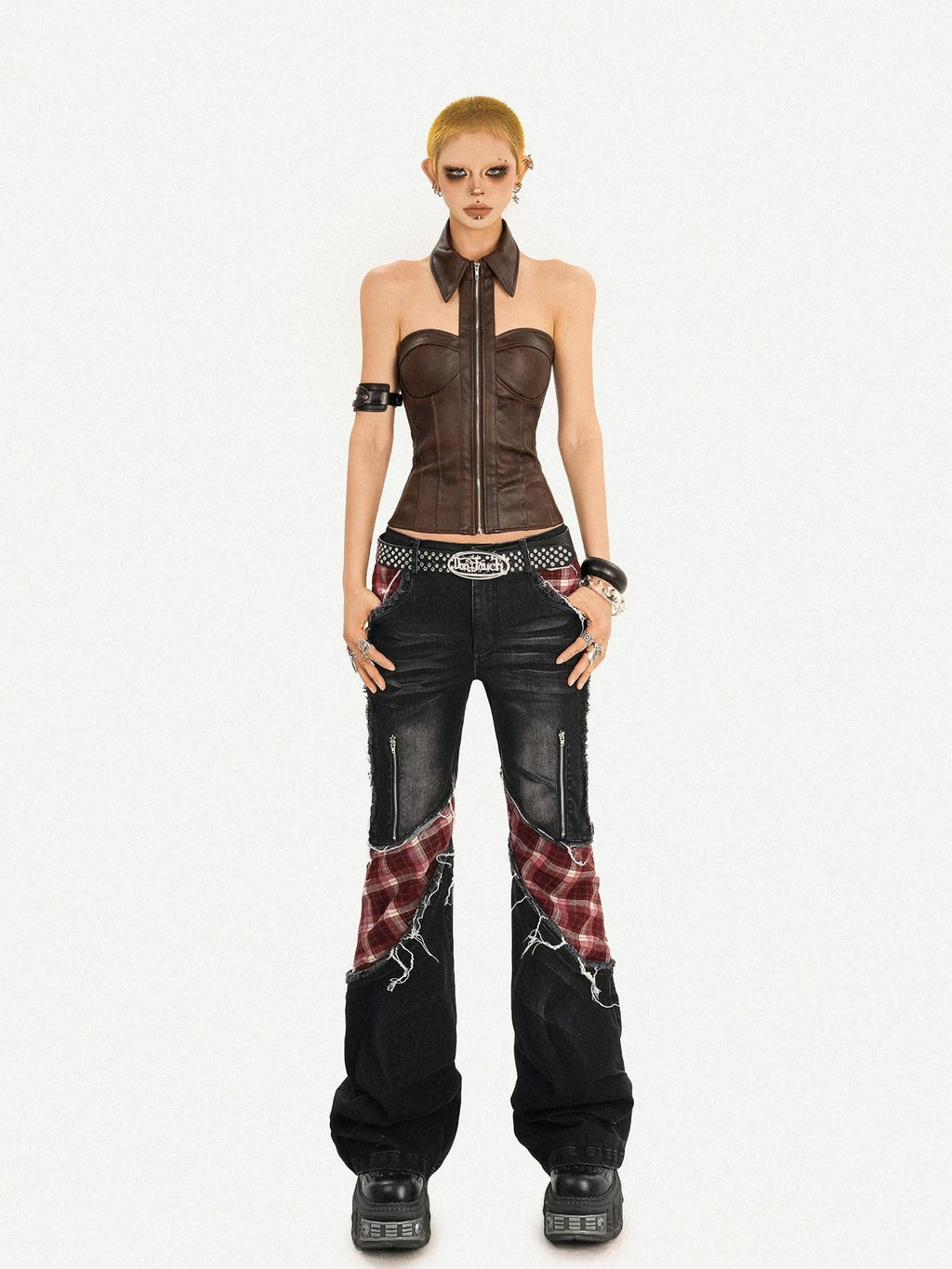 Nico Molly Pu Faux Leather Padded Zipper Crop Sexy Halter Collar Slim Women Camisoles