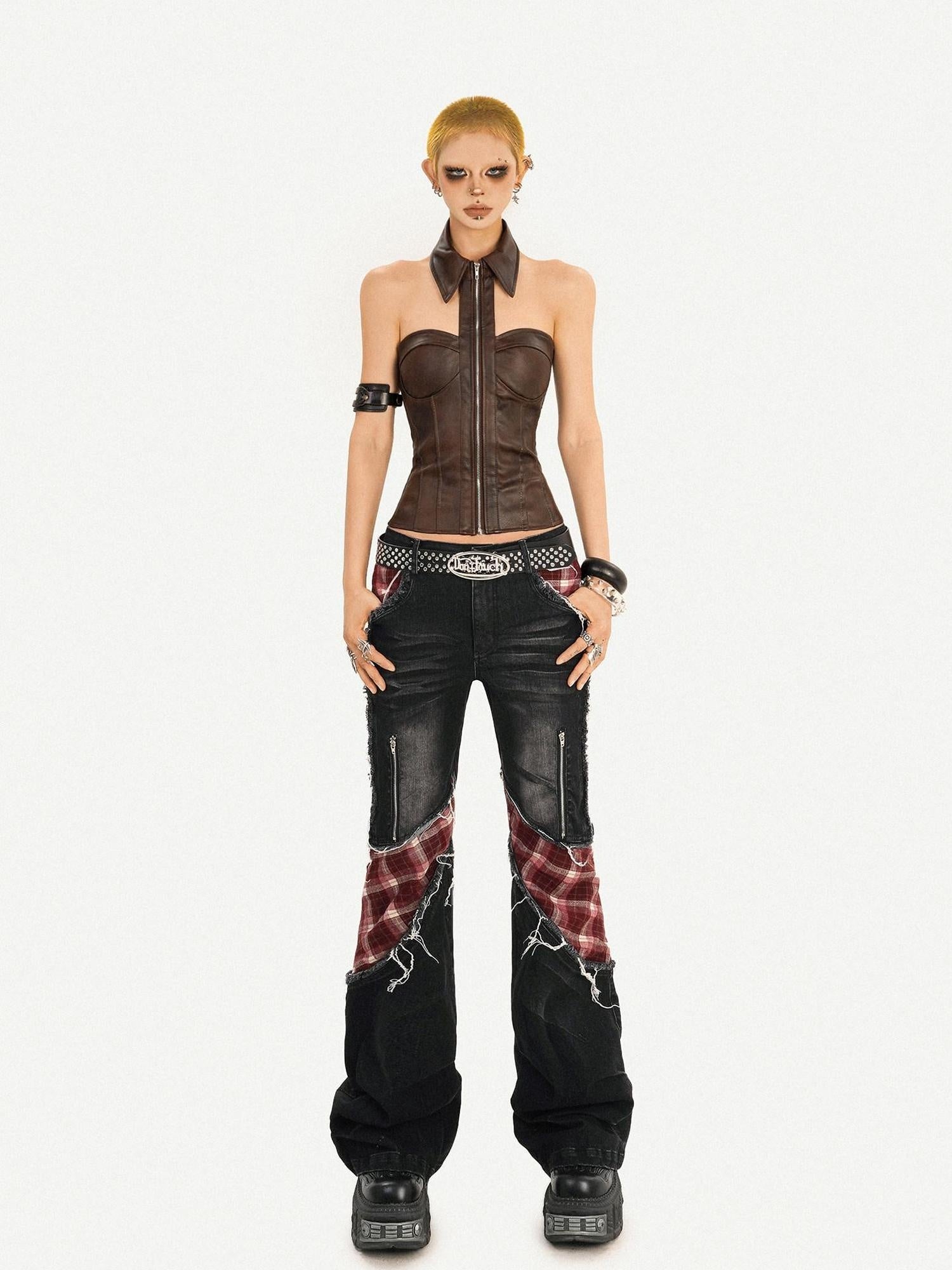 Nico Molly Pu Faux Leather Padded Zipper Crop Sexy Halter Collar Slim Women Camisoles