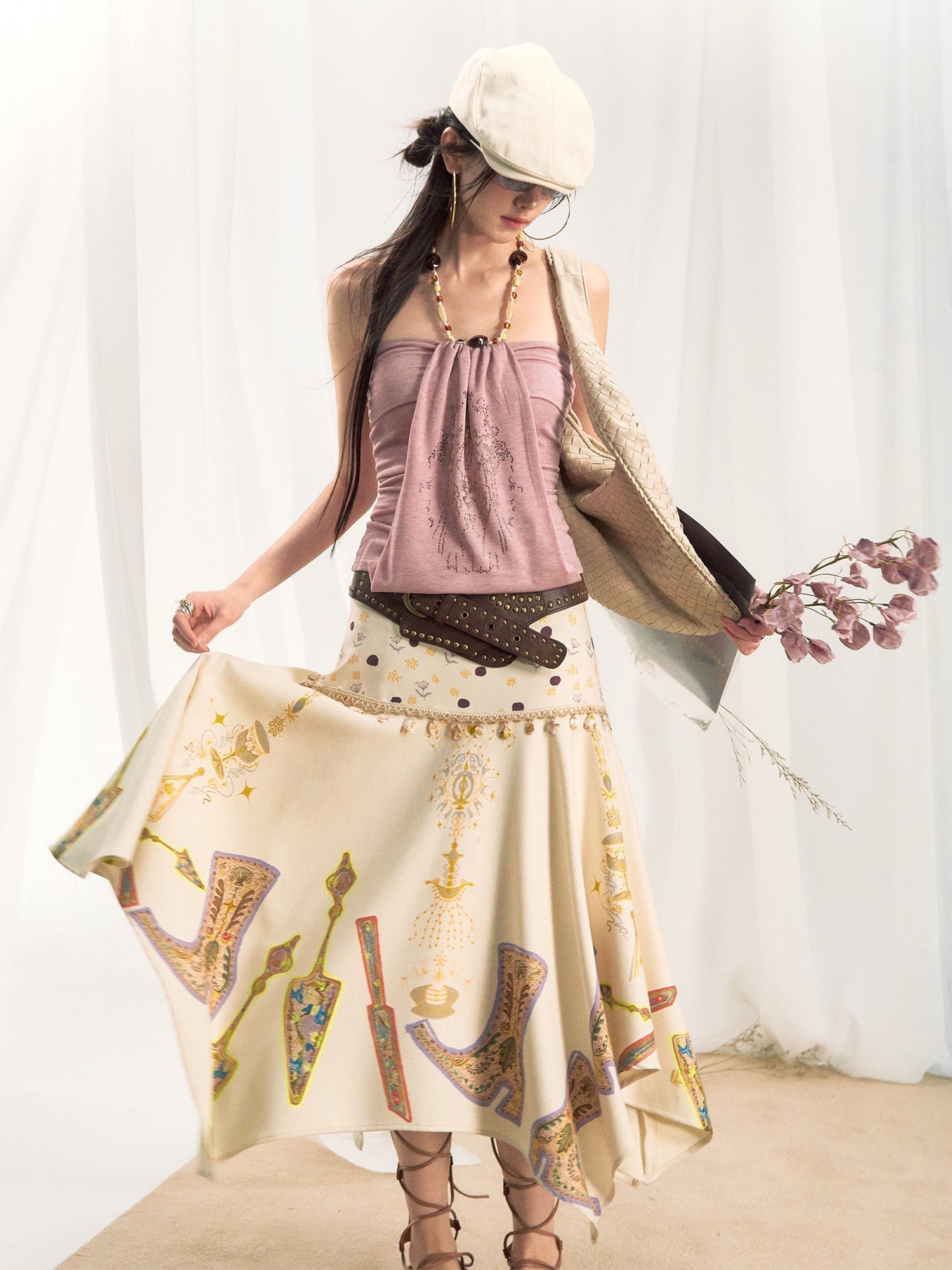 OfAkiva High Waist Asymmetrical A Line Slim Fit Printed Beige Women Maxi Skirts