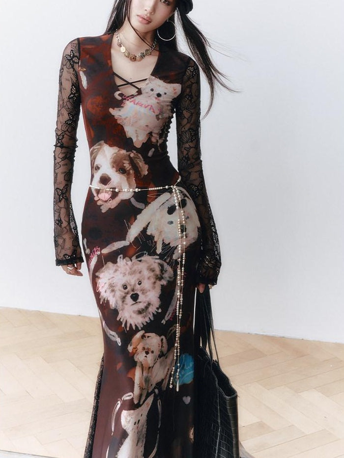 OfAkiva Colorblock V-neck High Waist Slim Long Sleeve Resort Women Maxi Dresses