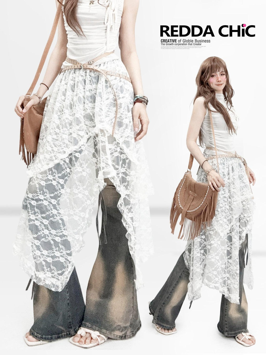 REDDACHIC Vintage Bohemian Asymmetric Spliced High Waist A Line Women'S Lace Midi Skirts