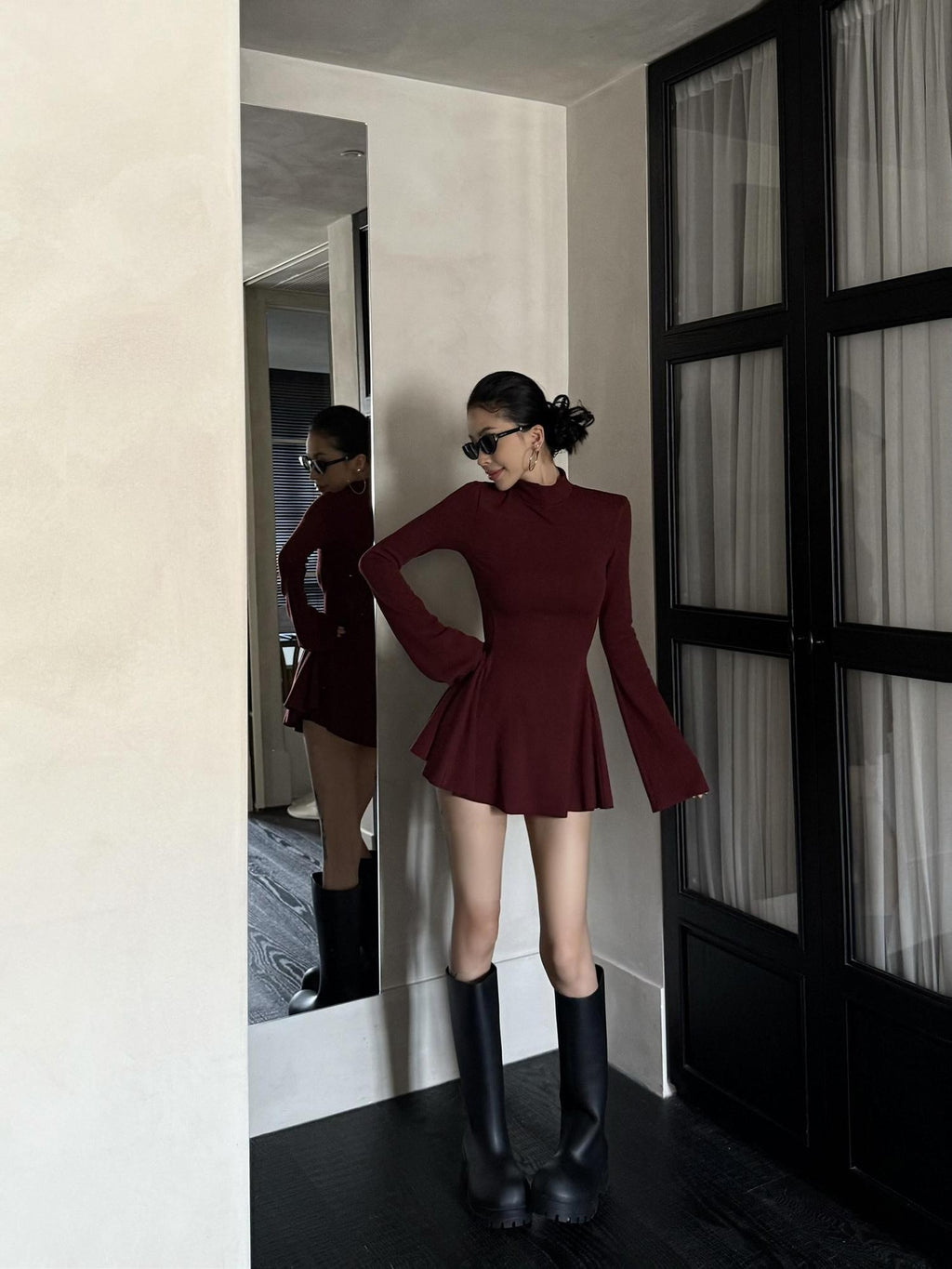ZERO Soft Stretch Korean Knit High Neck Long Sleeve Asymmetric Hem Slim Mini Dresses