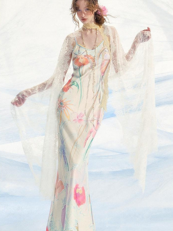 OfAkiva High Waist Southeast Asian Printed Spaghetti Strap A Line Polyester Maxi Dresses