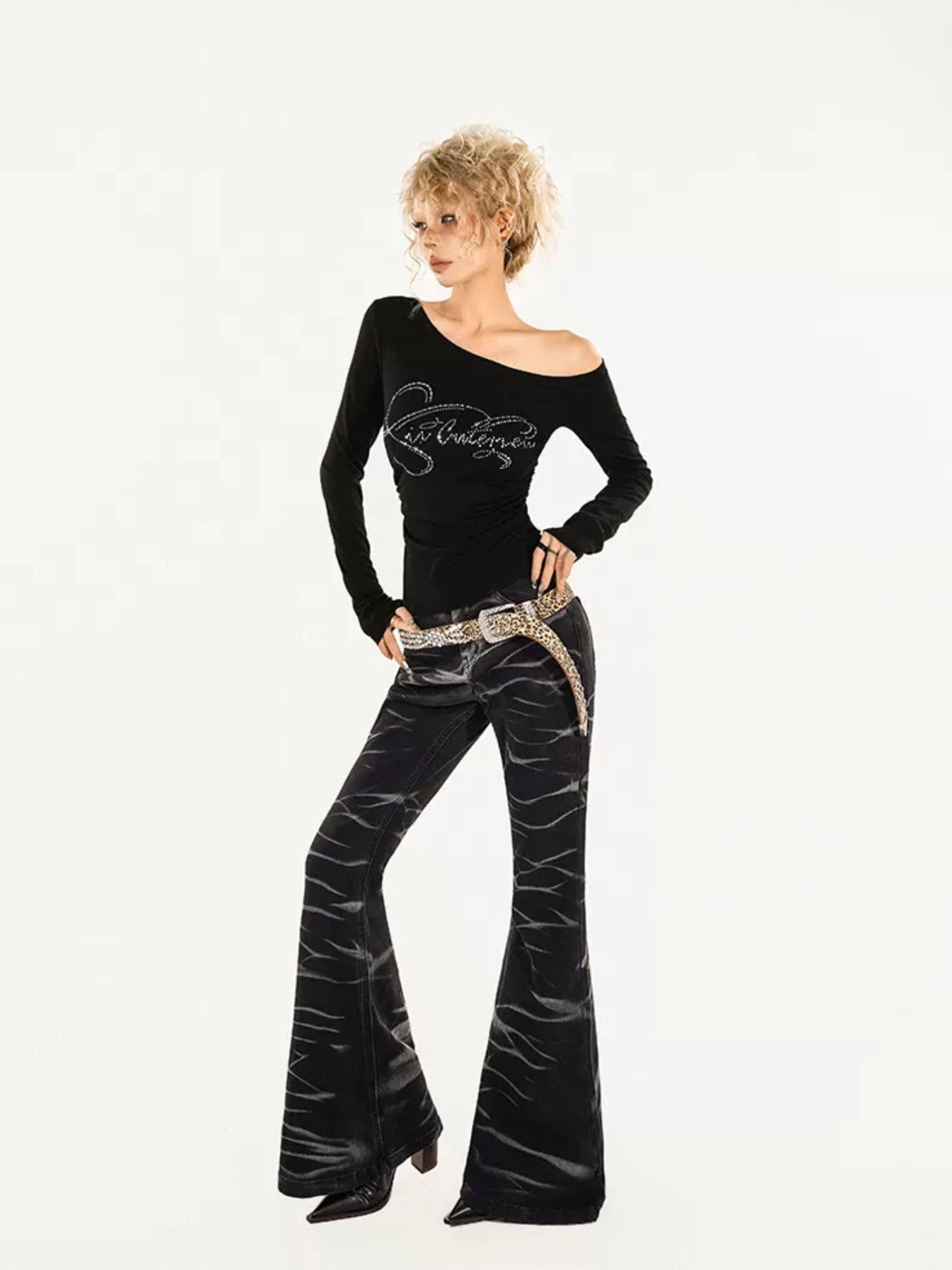 Nico Molly Rhinestone Print Slim One Shoulder Sexy Women Text Long Sleeve T-Shirts