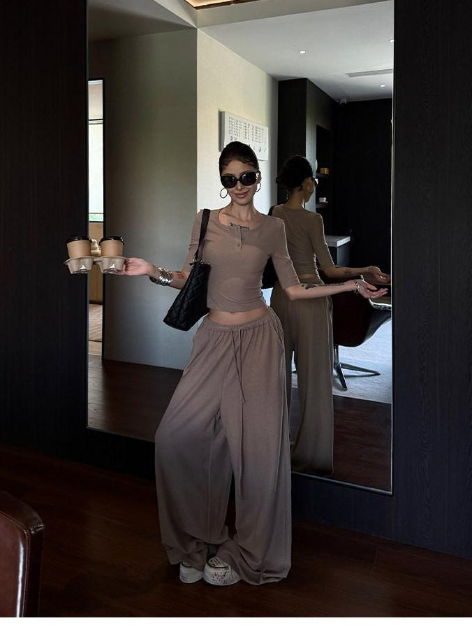 ZERO Soft Viscose Round Neck Long Sleeve Khaki Casual Women Pull On Top & Pants Sets