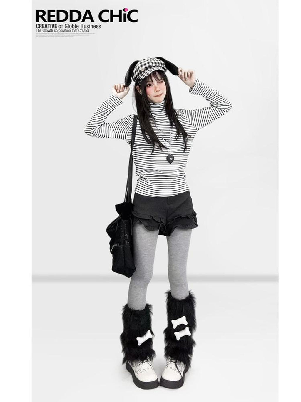 REDDACHIC Black White Stripe Gothic Half Collar Women'S Fleece Long Sleeve T-Shirts