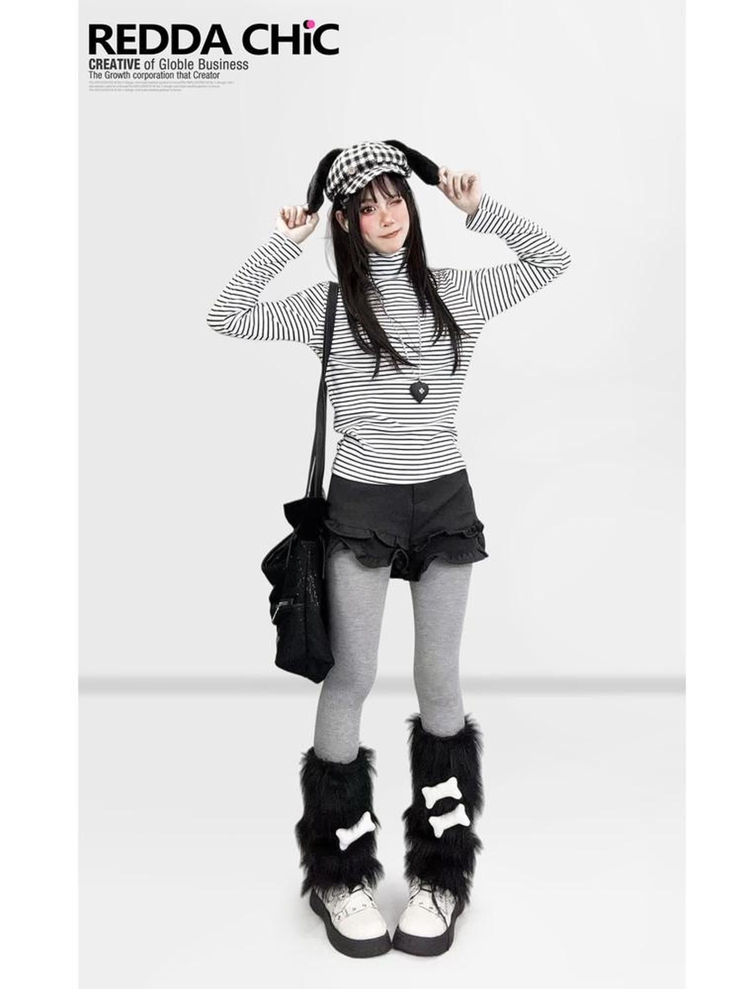 REDDACHIC Black White Stripe Gothic Half Collar Women'S Fleece Long Sleeve T-Shirts