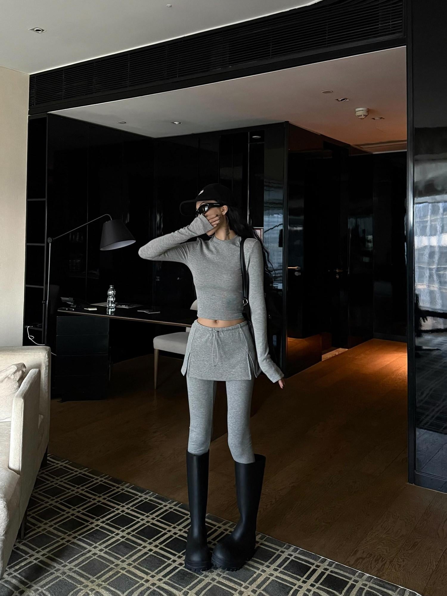ZERO Slim Fit Crop Long Sleeve Viscose Top Mid Rise Pants Gray Women Top & Pants Sets