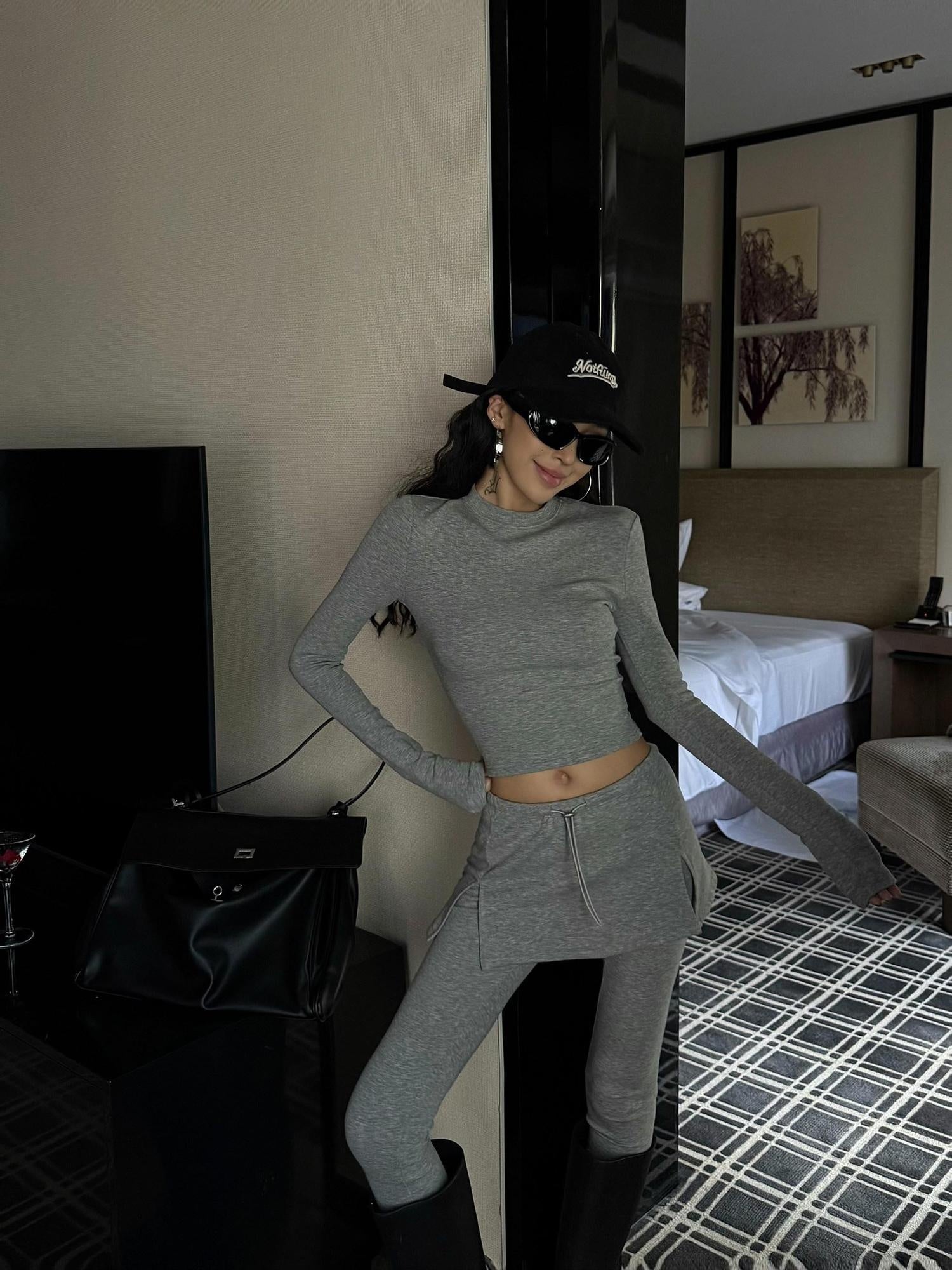 ZERO Slim Fit Crop Long Sleeve Viscose Top Mid Rise Pants Gray Women Top & Pants Sets