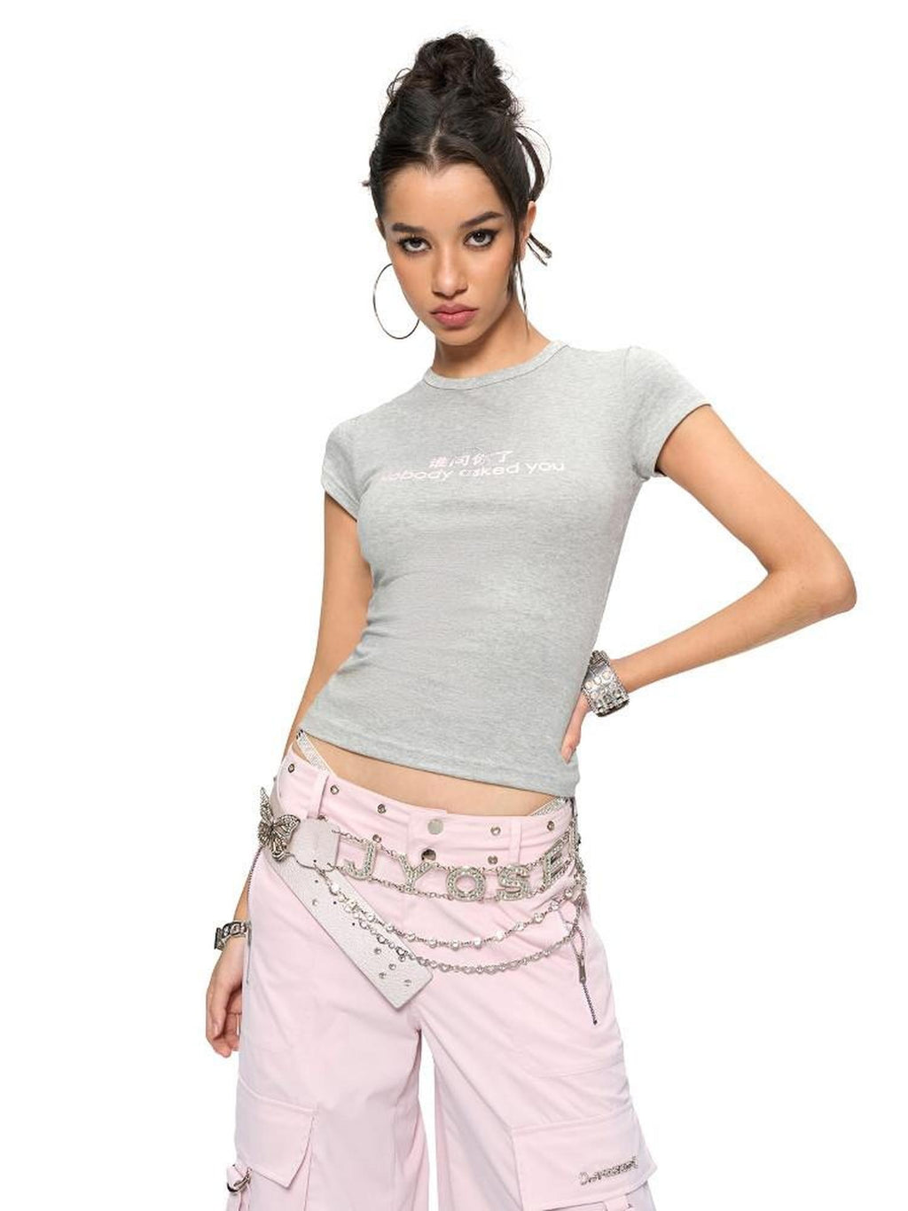 JYOSEI Rhinestone Print Slim Fit Casual Women Cotton Spandex Basic Crop Tops