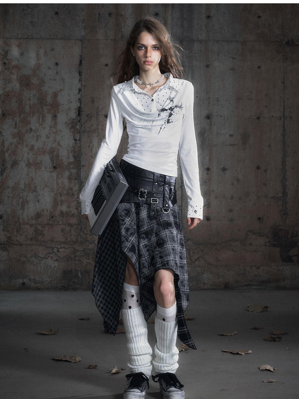 Cest Nous Pu Patchwork Punk Asymmetric Low Waist Youth Daily Wear Cotton Blend Midiskirts