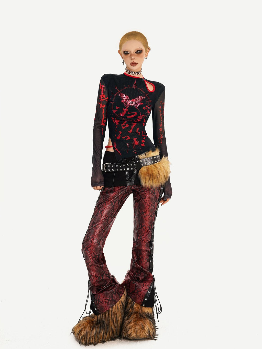 Nico Molly Dark Gothic Mesh Butterfly Print Asymmetric Slim Fit Women Long Sleeve T-Shirts