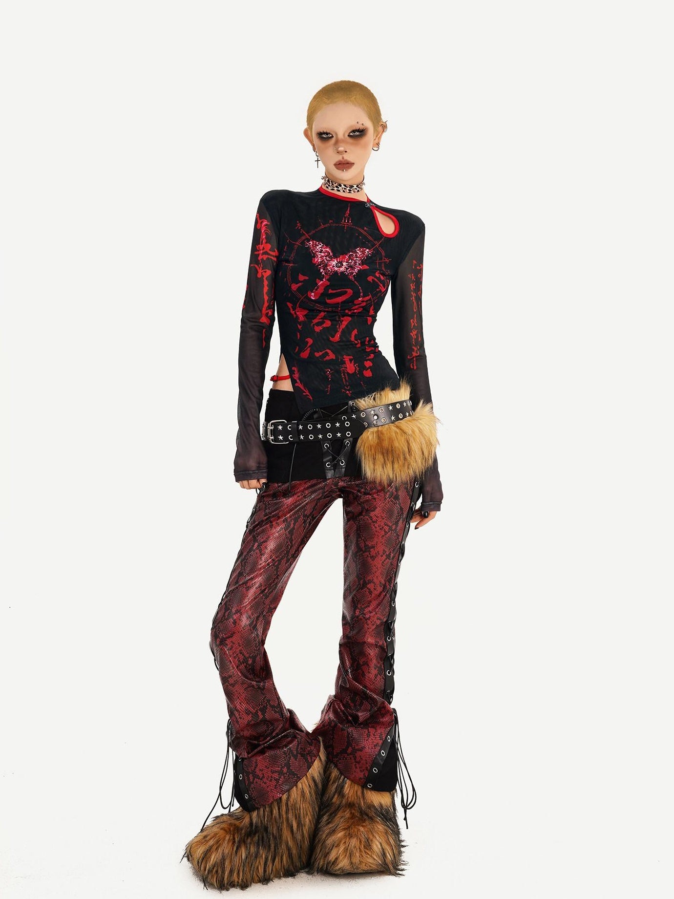 Nico Molly Dark Gothic Mesh Butterfly Print Asymmetric Slim Fit Women Long Sleeve T-Shirts