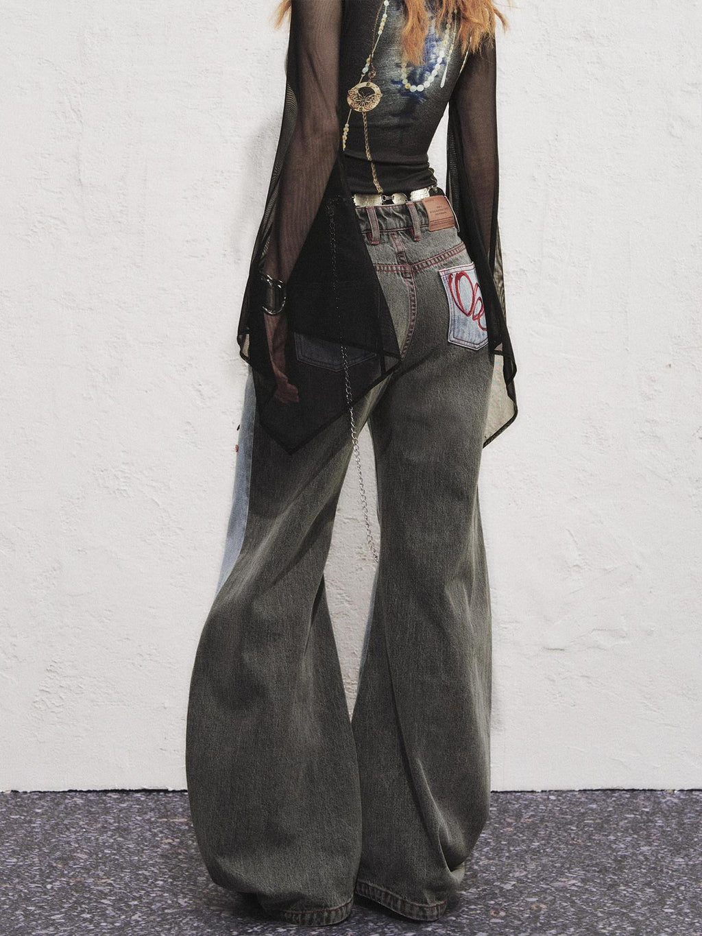 OfAkiva High Waist Vintage Embroidered Asymmetric Floral Cotton Women Wide Leg Jeans