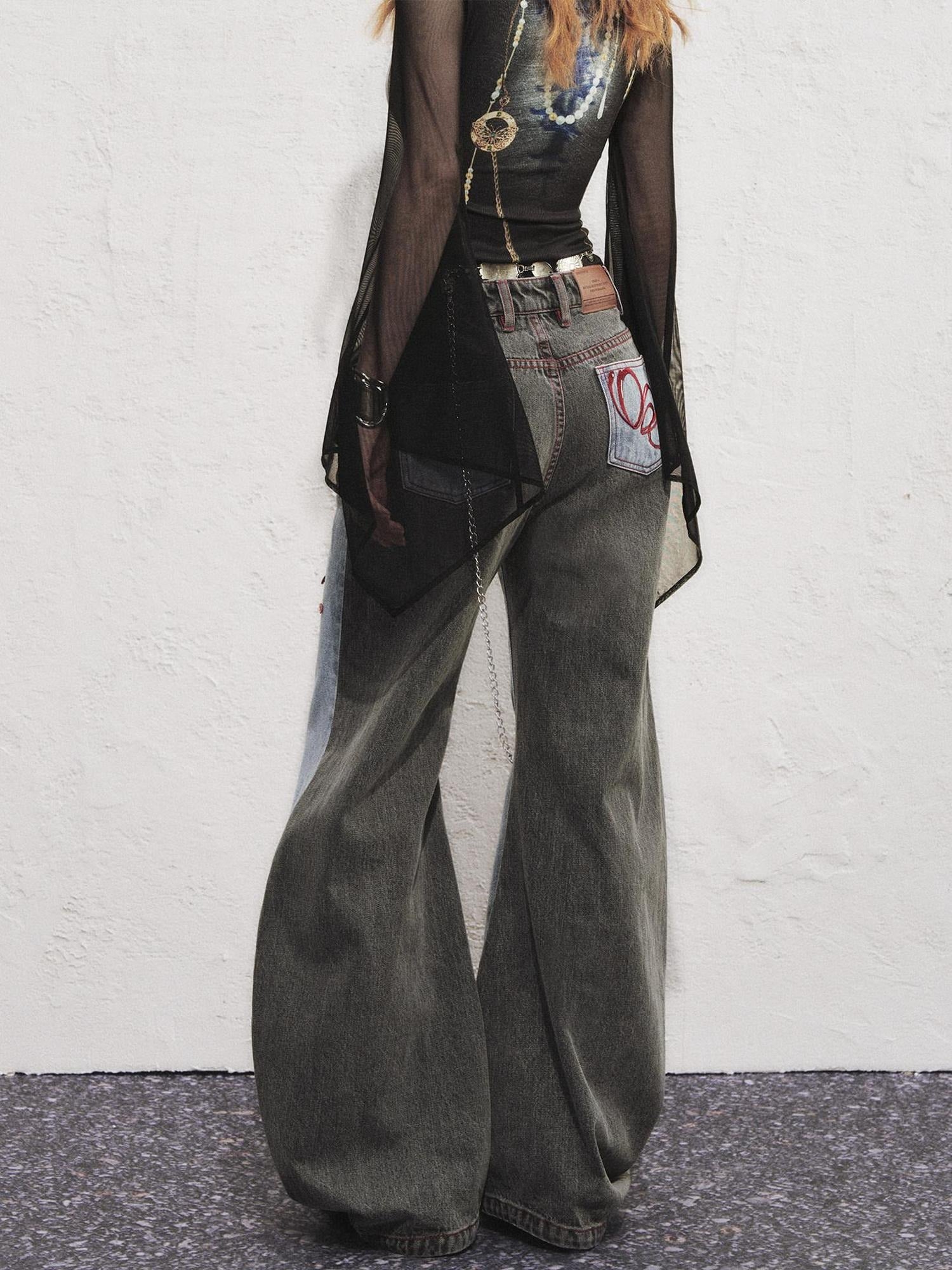 OfAkiva High Waist Vintage Embroidered Asymmetric Floral Cotton Women Wide Leg Jeans